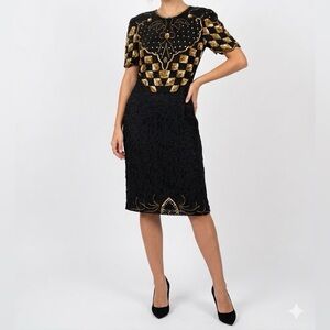 SWEELO  Vintage Silk Beaded Black Gold Dress India Art Deco Sequin S 6-8